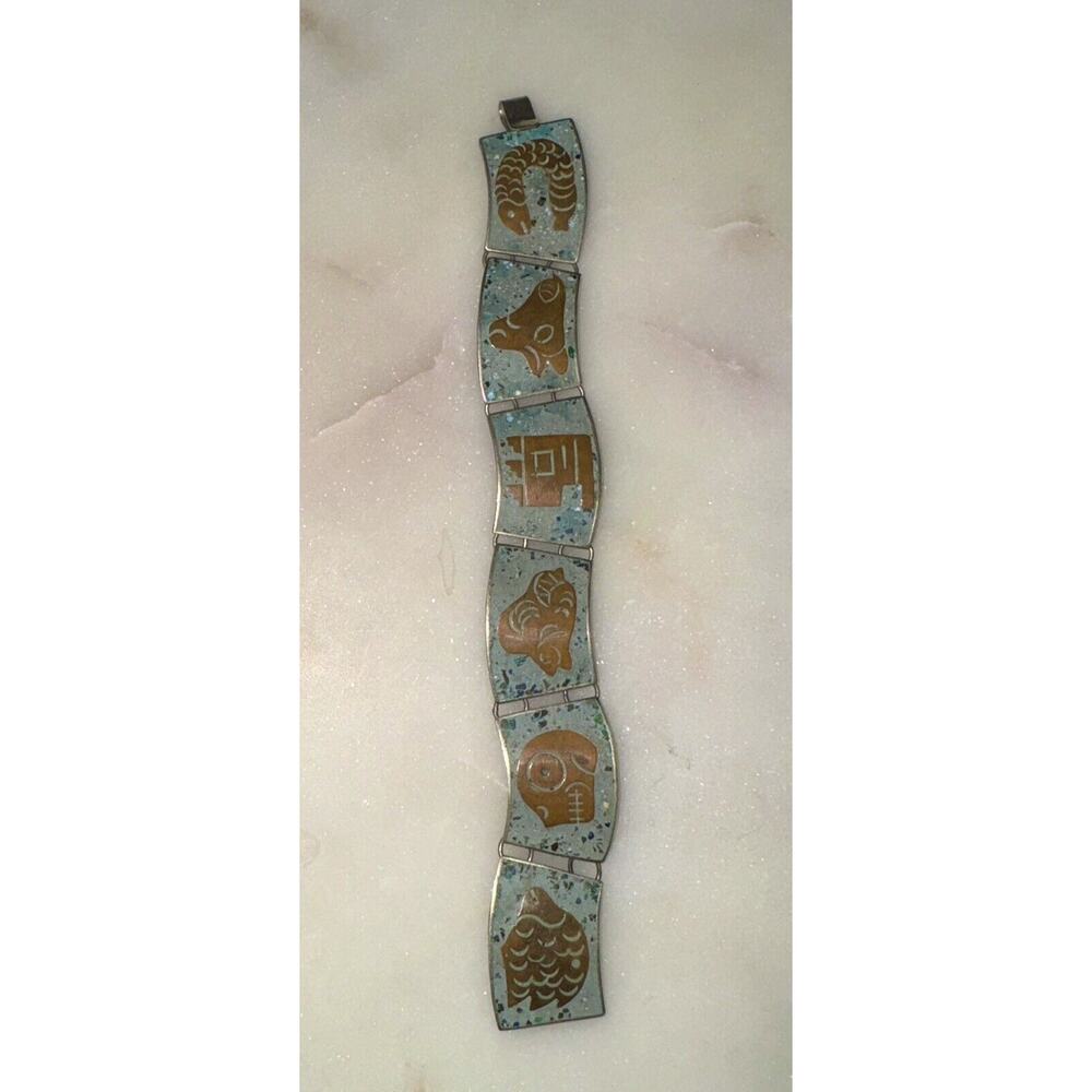 Vintage Sterling Silver Brass Turquoise Inlay Panel Bracelet Hencho En Mexico - Picture 8 of 14